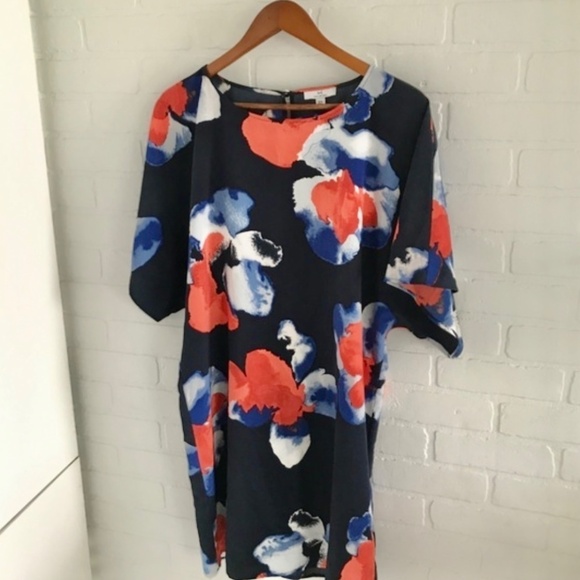 Halston Mini dress Watercolor Watercolor Floral Print Flowy Navy red Boxy M - Picture 3 of 7